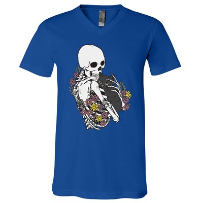 Skeleton Hugging Cat Flowers Skeleton Black Cat V-Neck T-Shirt