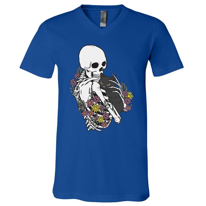 Skeleton Hugging Cat Flowers Skeleton Black Cat V-Neck T-Shirt