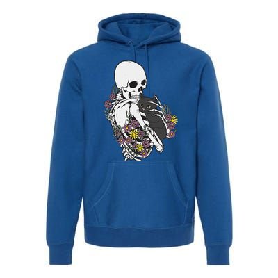 Skeleton Hugging Cat Flowers Skeleton Black Cat Premium Hoodie