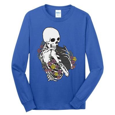 Skeleton Hugging Cat Flowers Skeleton Black Cat Tall Long Sleeve T-Shirt