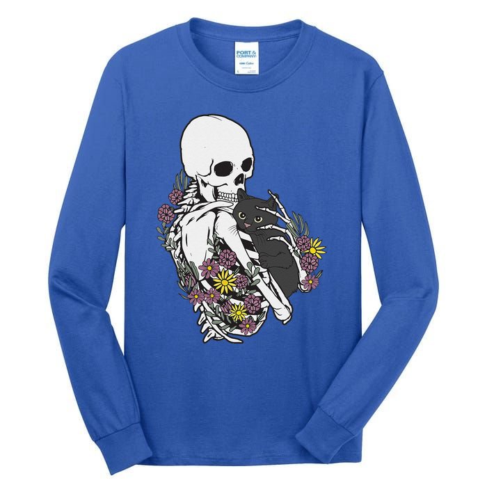 Skeleton Hugging Cat Flowers Skeleton Black Cat Tall Long Sleeve T-Shirt