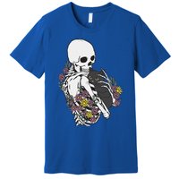 Skeleton Hugging Cat Flowers Skeleton Black Cat Premium T-Shirt