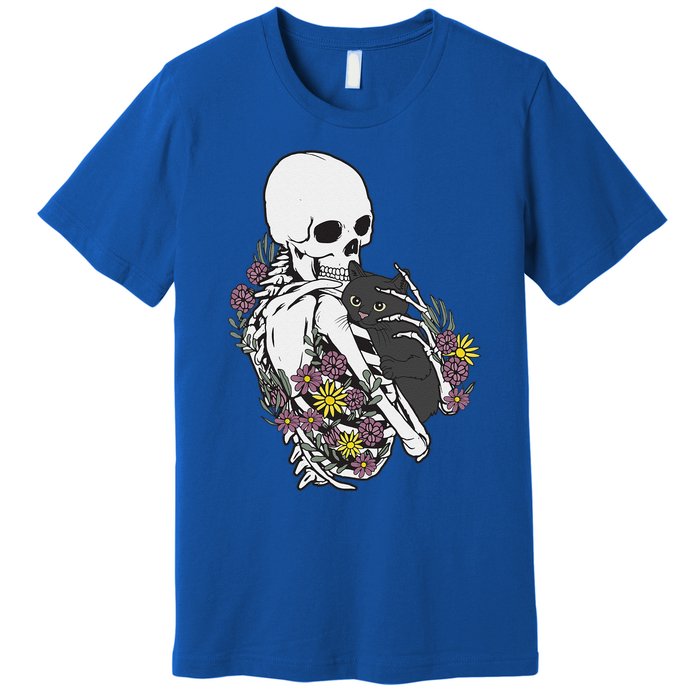 Skeleton Hugging Cat Flowers Skeleton Black Cat Premium T-Shirt