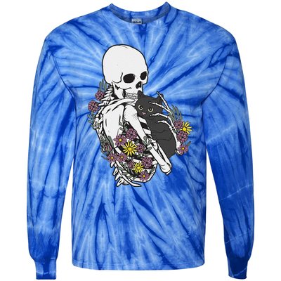 Skeleton Hugging Cat Flowers Skeleton Black Cat Tie-Dye Long Sleeve Shirt