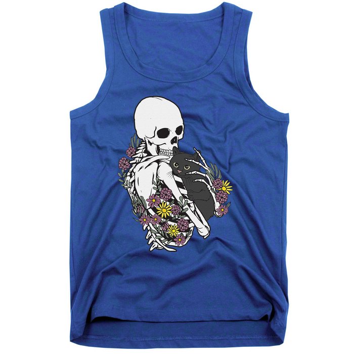 Skeleton Hugging Cat Flowers Skeleton Black Cat Tank Top