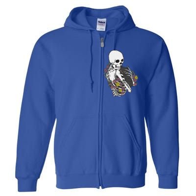 Skeleton Hugging Cat Flowers Skeleton Black Cat Full Zip Hoodie