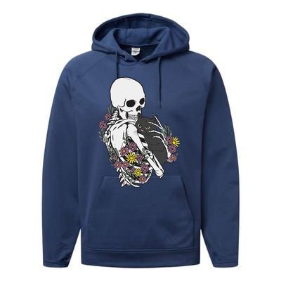 Skeleton Hugging Cat Flowers Skeleton Black Cat Performance Fleece Hoodie