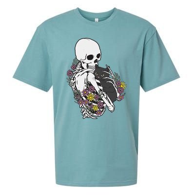 Skeleton Hugging Cat Flowers Skeleton Black Cat Sueded Cloud Jersey T-Shirt