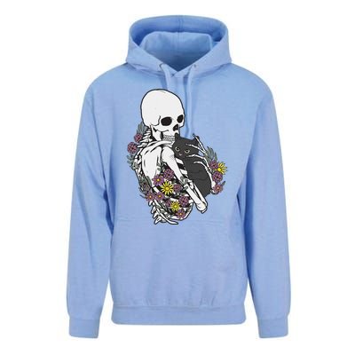 Skeleton Hugging Cat Flowers Skeleton Black Cat Unisex Surf Hoodie