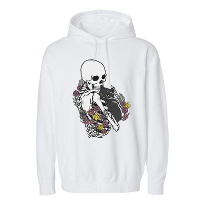 Skeleton Hugging Cat Flowers Skeleton Black Cat Garment-Dyed Fleece Hoodie