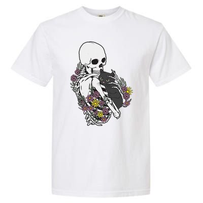 Skeleton Hugging Cat Flowers Skeleton Black Cat Garment-Dyed Heavyweight T-Shirt