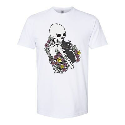 Skeleton Hugging Cat Flowers Skeleton Black Cat Softstyle CVC T-Shirt