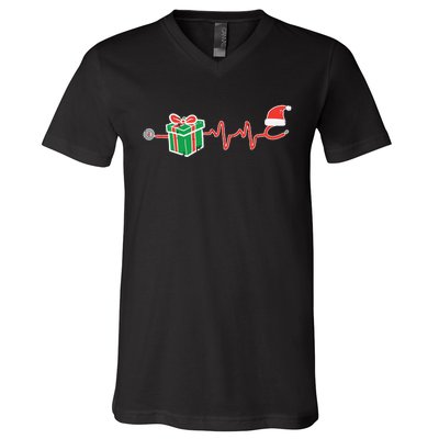 Stethoscope Heartbeat Christmas Nurse Xmas Nursing Scrub Top V-Neck T-Shirt