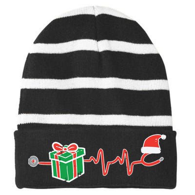 Stethoscope Heartbeat Christmas Nurse Xmas Nursing Scrub Top Striped Beanie with Solid Band