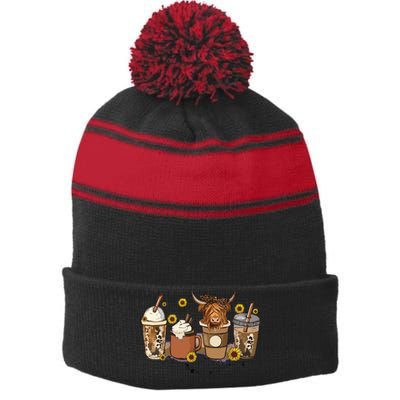 Scottish Highland Cow Sunflower Fall Vibes Coffee Lover Stripe Pom Pom Beanie