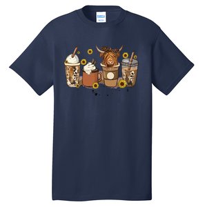 Scottish Highland Cow Sunflower Fall Vibes Coffee Lover Tall T-Shirt