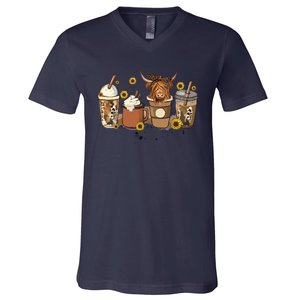 Scottish Highland Cow Sunflower Fall Vibes Coffee Lover V-Neck T-Shirt