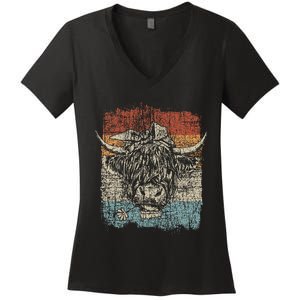 Scottish Highland Cow Cattle Hairy Cow Flowers Woman Women's V-Neck T-Shirt