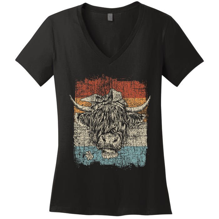 Scottish Highland Cow Cattle Hairy Cow Flowers Woman Women's V-Neck T-Shirt