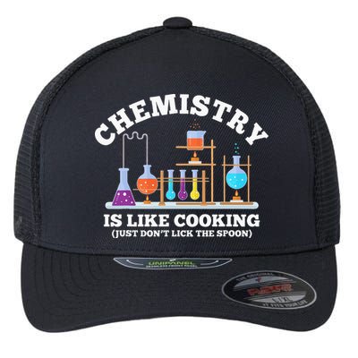 Science Humor Chemistry Is Like Cooking don't lick the Spoon Flexfit Unipanel Trucker Cap