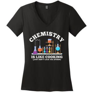 Science Humor Chemistry Is Like Cooking don't lick the Spoon Women's V-Neck T-Shirt