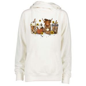 Scottish Highland Cow Sunflower Fall Vibes Coffee Lover Womens Funnel Neck Pullover Hood