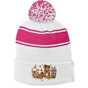 Scottish Highland Cow Sunflower Fall Vibes Coffee Lover Stripe Pom Pom Beanie