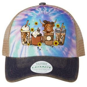 Scottish Highland Cow Sunflower Fall Vibes Coffee Lover Legacy Tie Dye Trucker Hat