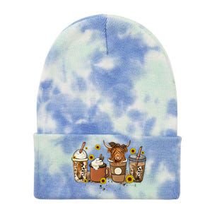 Scottish Highland Cow Sunflower Fall Vibes Coffee Lover Tie Dye 12in Knit Beanie