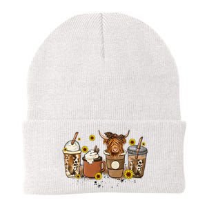 Scottish Highland Cow Sunflower Fall Vibes Coffee Lover Knit Cap Winter Beanie