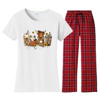 Scottish Highland Cow Sunflower Fall Vibes Coffee Lover Women's Flannel Pajama Set