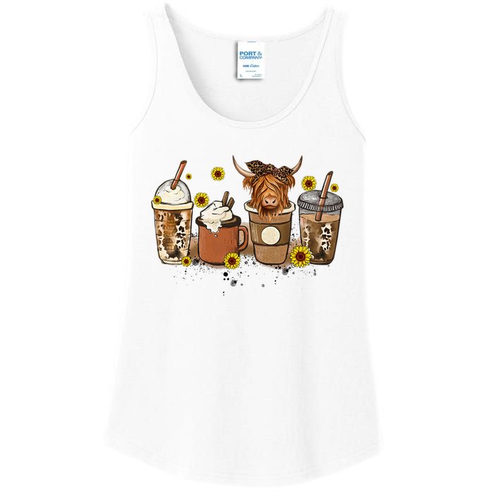 Scottish Highland Cow Sunflower Fall Vibes Coffee Lover Ladies Essential Tank