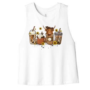 Scottish Highland Cow Sunflower Fall Vibes Coffee Lover Women's Racerback Cropped Tank