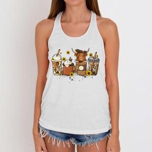 Scottish Highland Cow Sunflower Fall Vibes Coffee Lover Women's Knotted Racerback Tank