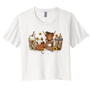 Scottish Highland Cow Sunflower Fall Vibes Coffee Lover Women's Crop Top Tee