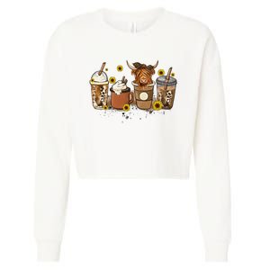 Scottish Highland Cow Sunflower Fall Vibes Coffee Lover Cropped Pullover Crew