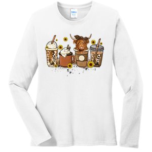 Scottish Highland Cow Sunflower Fall Vibes Coffee Lover Ladies Long Sleeve Shirt