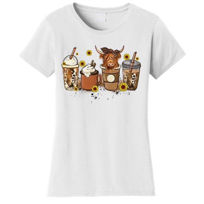 Scottish Highland Cow Sunflower Fall Vibes Coffee Lover Women's T-Shirt