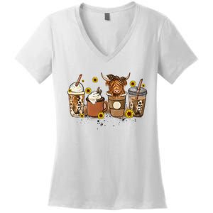 Scottish Highland Cow Sunflower Fall Vibes Coffee Lover Women's V-Neck T-Shirt