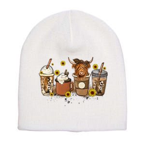 Scottish Highland Cow Sunflower Fall Vibes Coffee Lover Short Acrylic Beanie