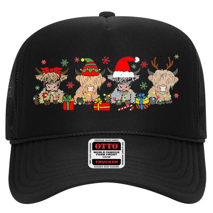 Scottish Highland Cow Christmas Tree Funny Cow Lover Xmas High Crown Mesh Back Trucker Hat