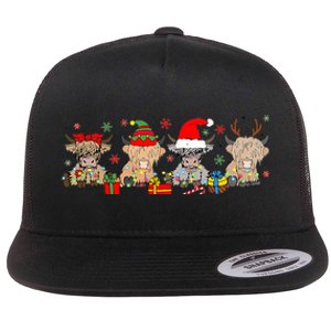 Scottish Highland Cow Christmas Tree Funny Cow Lover Xmas Flat Bill Trucker Hat