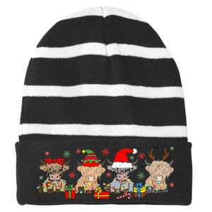 Scottish Highland Cow Christmas Tree Funny Cow Lover Xmas Striped Beanie with Solid Band