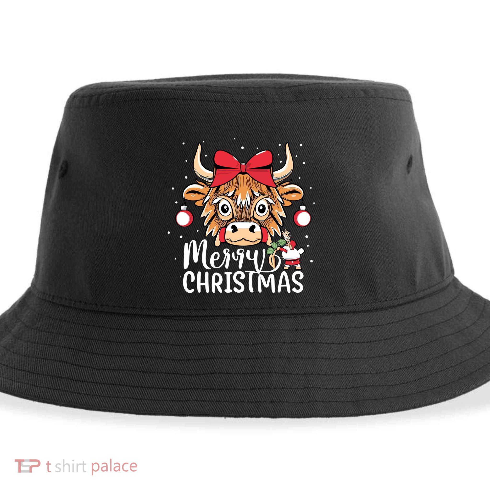 Scottish Highland Cow Merry Christmas Snow Sustainable Bucket Hat