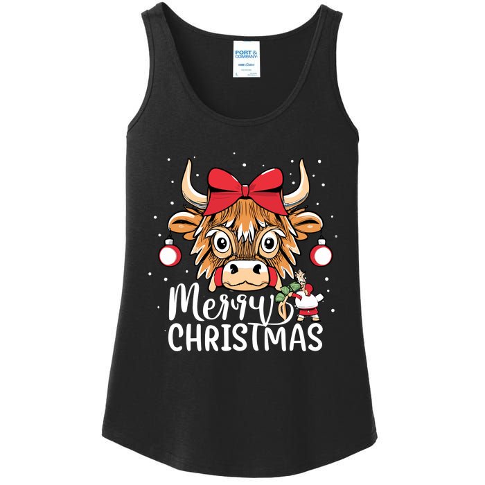 Scottish Highland Cow Merry Christmas Snow Ladies Essential Tank