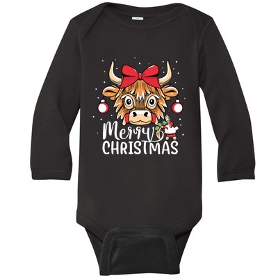 Scottish Highland Cow Merry Christmas Snow Baby Long Sleeve Bodysuit