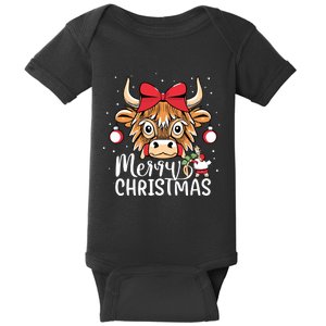 Scottish Highland Cow Merry Christmas Snow Baby Bodysuit