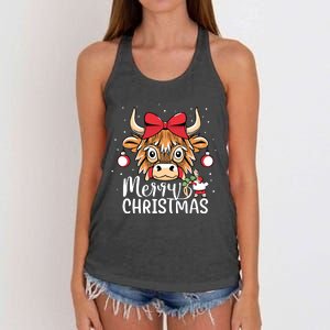 Scottish Highland Cow Merry Christmas Snow Women's Knotted Racerback Tank