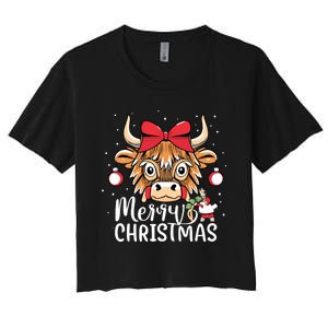 Scottish Highland Cow Merry Christmas Snow Women's Crop Top Tee