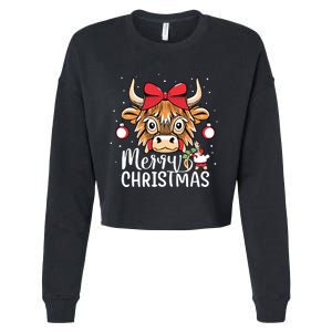 Scottish Highland Cow Merry Christmas Snow Cropped Pullover Crew